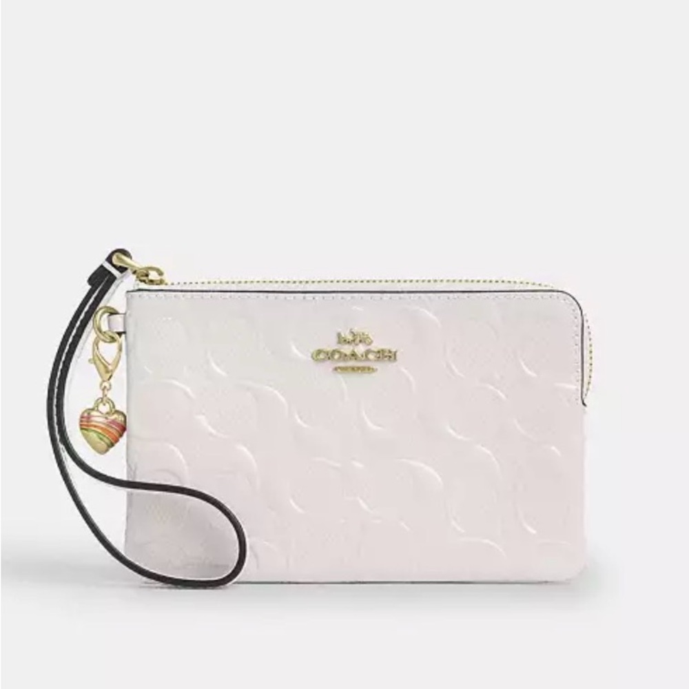 NWT Coach Debossed Corner Zip Wristlet with Heart Charm